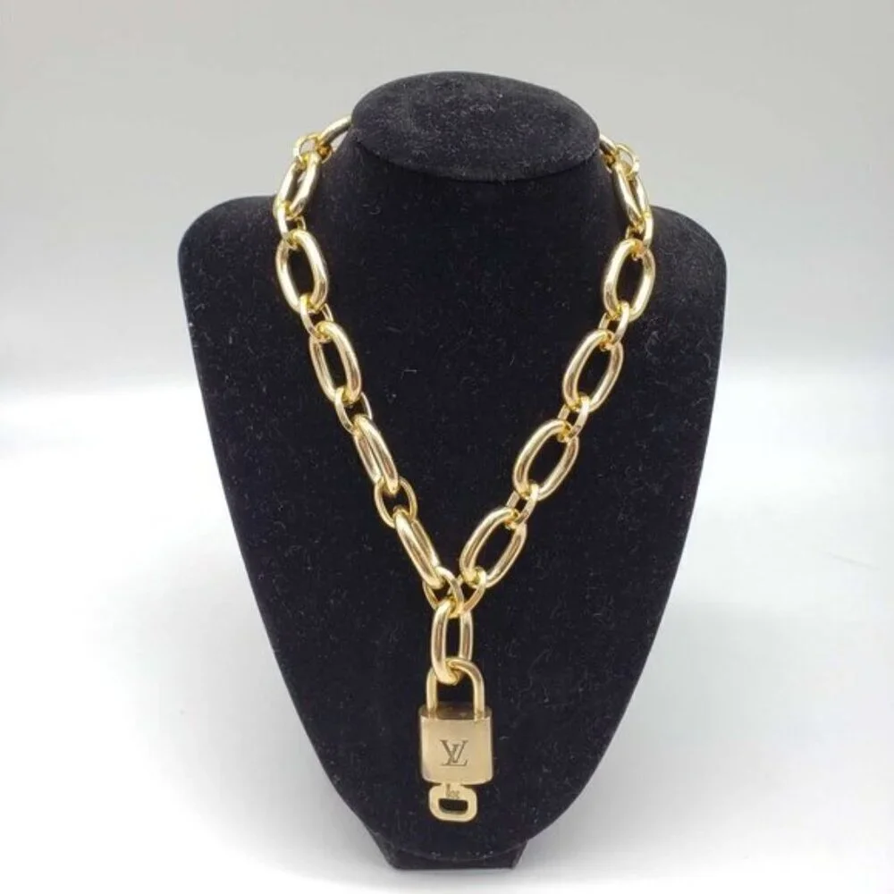Authentic Louis Vuitton Lock and Key Gold w/Unbranded Geometry Cuban Style Chain